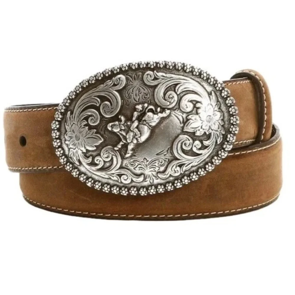 Nocona 4421844 3D Bullriders Silver Buckle Brown Leather Belt Boy Sz 24 23-28
